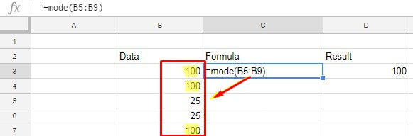 Exemple d'utilisation de la fonction MODE de Google Sheets avec des nombres