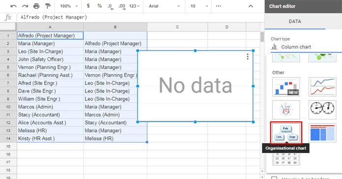 Org Chart in Google Sheets Insert Menu